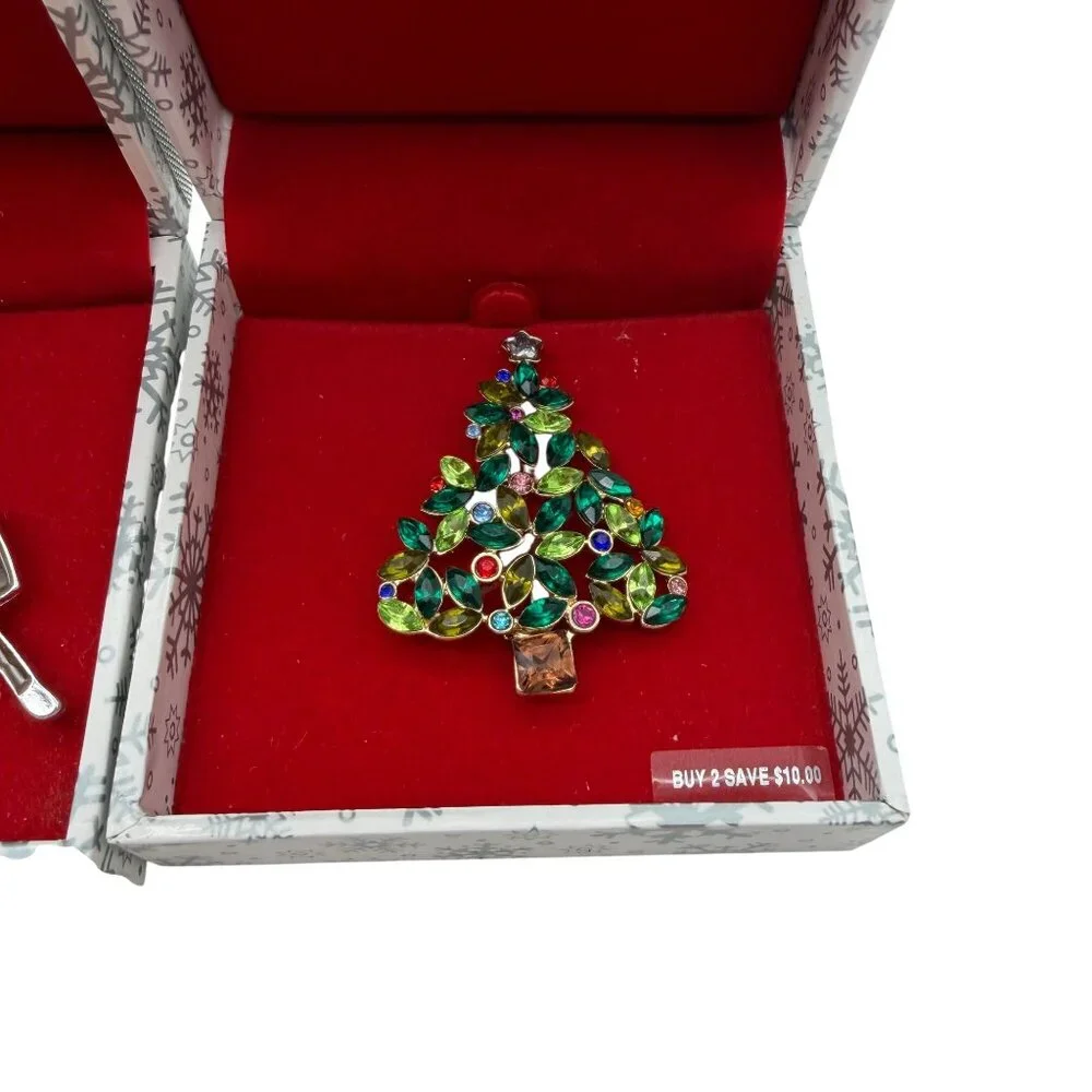 Merry & Bright Christmas brooch set sparkly Christmas tree‎ reindeer NEW